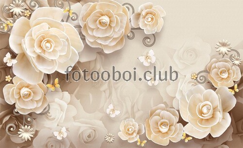 розы, роза, 3д, 3d, цветок, цветы, бежевые, бабочки 